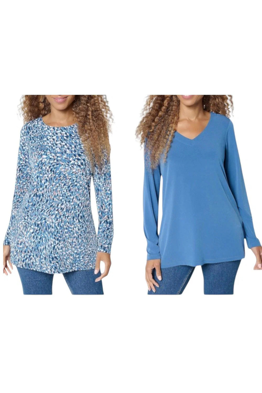 Susan Graver Women's 2pk Solid & Print Liquid Knit Tunic Slate/Blue - Petite